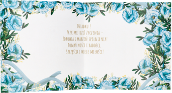 Otwarta kartka na Dzień Dziadka: biała, z błękitnymi kwiatami, ramką z liści i napisem 'DZIADKU'.