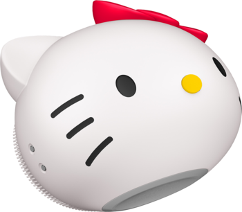 Biała szczotka GESKE Hello Kitty do twarzy 4w1, z żółtym nosem i czerwoną kokardą, widok z góry.