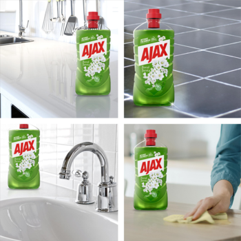 Cztery ujęcia zielonego płynu Ajax Konwalie Floral Fiesta, uniwersalny środek do czyszczenia podłóg i powierzchni.