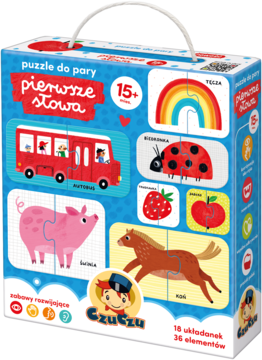 Pudełko puzzli Czuczu Pierwsze słowa do nauki słów, niebieskie z ilustracjami zwierząt i przedmiotów, widok z przodu.
