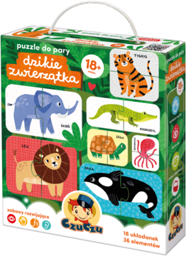 Zielone pudełko Puzzle do pary Dzikie Zwierzątka Czuczu z uchwytem. Widok przodu z puzzle: tygrys, słoń, orka.