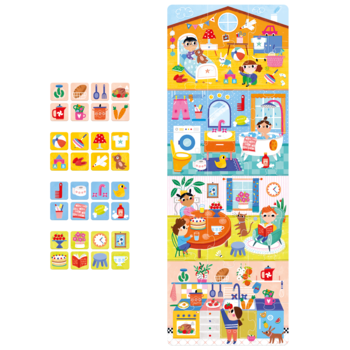 Edukacyjne puzzle Co robimy w domu Czuczu: 4 piętra domu z dziećmi, obok kwadratowe kafelki z przedmiotami.