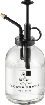Szklany opryskiwacz do roślin 350 ml z czarną pompką i złotą dyszą, etykieta 'Flower Power'.