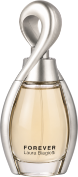 Damskie perfumy Forever Laura Biagiotti w szklanym flakonie ze srebrnym, spiralnym korkiem, widok z przodu.