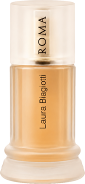 Laura Biagiotti Roma Donna, flakon perfum, bursztynowy płyn w cylindrycznej butelce z rzeźbioną podstawą i napisem ROMA.