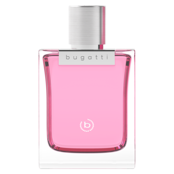 Bugatti Bella Donna ROSA perfumy damskie, różowy płyn w szklanej butelce z srebrnym korkiem, widok z przodu.