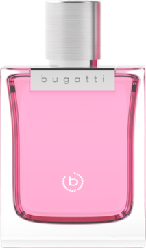 Bugatti Bella Donna ROSA, damska kwiatowo-owocowa woda perfumowana, różowy flakon, srebrny korek. Widok z przodu.