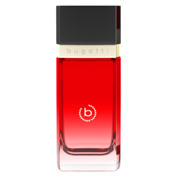 Damska woda perfumowana Bugatti Eleganza Rossa, smukła butelka z czerwonym gradientem, złotym paskiem i czarną nakrętką.