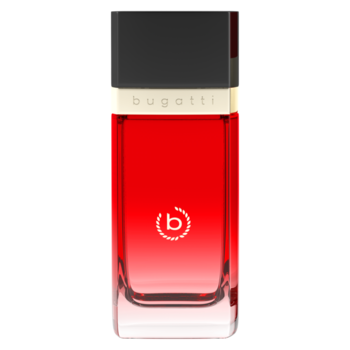 Damska woda perfumowana Bugatti Eleganza Rossa w czerwonej butelce z czarną nakrętką, widok z przodu.