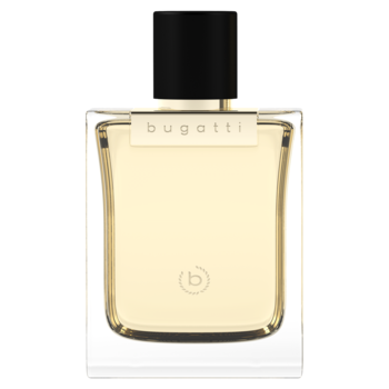 Bugatti Bella Donna GOLD perfumy. Szklana butelka, jasnożółty płyn, czarny korek i biała etykieta bugatti, logo 'b'.