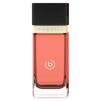 Bugatti Eleganza Ambra, woda perfumowana w prostokątnym flakonie z różowym płynem i czarnym korkiem, widok z przodu.