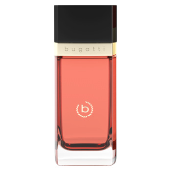 Bugatti Eleganza Ambra, woda perfumowana w eleganckiej butelce z czerwonym płynem, czarną nakrętką i złotym logo.