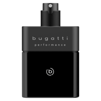 Czarna, prostokątna butelka męskich perfum Bugatti Performance Intense Black z logo 'b', widok z przodu.