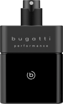 Bugatti Performance Intense Black, męska woda toaletowa w czarnej butelce z matową górą, srebrnym napisem i logo.