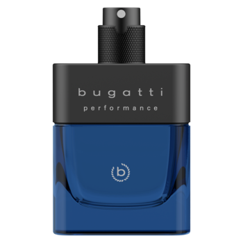 Męska woda toaletowa Bugatti Performance Deep Blue, granatowy flakon z czarnym topem i "bugatti performance".