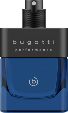 Męska woda toaletowa Bugatti Performance Deep Blue. Niebieski flakon z czarną górą, widok z przodu, napis 'bugatti performance'.