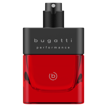 Bugatti Performance Red męska woda toaletowa w prostokątnej, czerwonej butelce z czarnym dozownikiem.