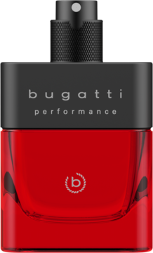 Bugatti Performance Red, męska woda toaletowa. Czerwona, prostokątna butelka z czarną górą i srebrnym logo.