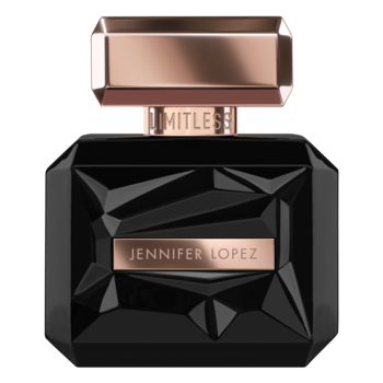 Zapach Jennifer Lopez Limitless: czarny, fasetowany flakon z różowo-złotym korkiem i napisem JENNIFER LOPEZ, widok z przodu.