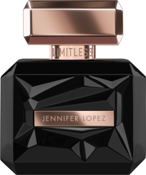 Perfumy Jennifer Lopez Limitless. Czarna, fasetowana butelka z różowo-złotą nakrętką i etykietą, widok z przodu.