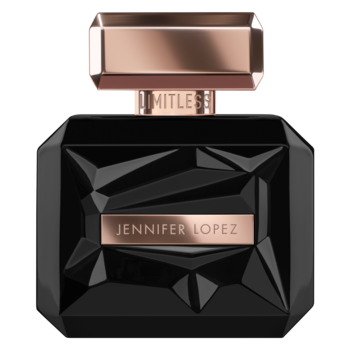 Czarna, fasetowana butelka perfum Jennifer Lopez Limitless z miedzianym korkiem, widok z przodu.