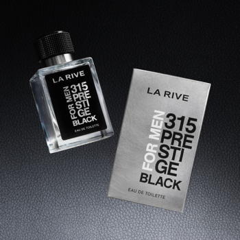 La Rive 315 Prestige Black woda toaletowa męska w prostokątnej butelce z czarnym korkiem i srebrnym opakowaniem, widok z góry.