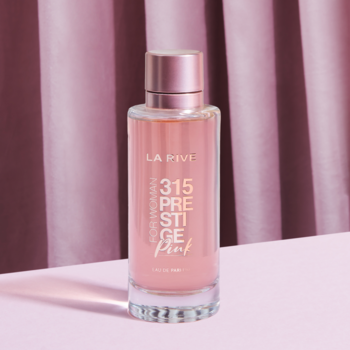 La Rive 315 Prestige Pink, damska woda perfumowana, różowa butelka z nutami brzoskwini i szampana.