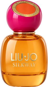 Liu Jo Silkway woda toaletowa, pomarańczowy flakon z różową kulistą zakrętką, złoty napis, widok z przodu.