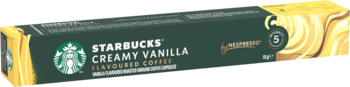 Zielone pudełko Starbucks Creamy Vanilla Flavoured Coffee do Nespresso, z logo syreny i żółtymi wzorami, widok z boku.