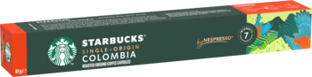 Starbucks Single-Origin Colombia Nespresso, ciemnozielone pudełko z czerwonymi bokami, intensywność 7, widok pod kątem.
