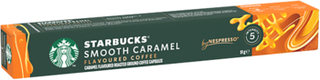 Dark green box of Starbucks Smooth Caramel Nespresso capsules, angled view, with orange swirls and logo.
