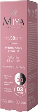 Miya myBBalm Vitamin BB cream SPF 30, odcień 03 beige, w pionowym różowym opakowaniu kartonowym.