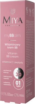 Różowe opakowanie Miya myBBalm Witaminowego kremu BB z SPF 30, odcień 01 light, widok z przodu i boku.