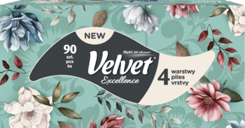 Turkusowe pudełko chusteczek Velvet Excellence z kwiatami, napisy NEW, 90 szt., 4 warstwy, widok z przodu.