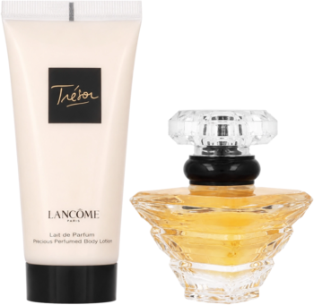 Zestaw Lancome Tresor: złota woda perfumowana w fasetkowanej butelce i beżowy balsam do ciała, widok z przodu.