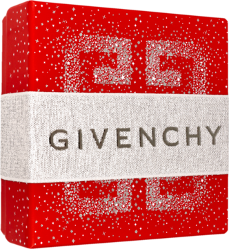 Czerwone, brokatowe pudełko zestawu perfum Givenchy Irresistible z białym paskiem i napisem, widok z przodu.