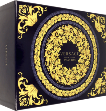 Zestaw Versace Dylan Blue Pour Homme, ciemnoniebieskie pudełko ze złotym zdobieniem, widok z przodu.