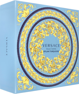 Jasnoniebieskie pudełko Versace Dylan Turquoise z eleganckim złotym wzorem, widok z przodu i z boku.