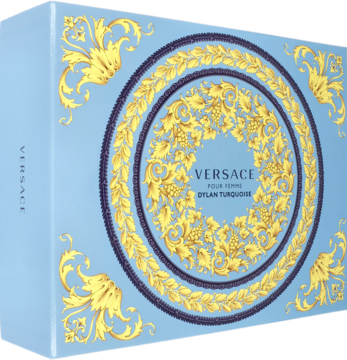 Jasnobłękitne pudełko Versace Dylan Turquoise z bogatymi złotymi i granatowymi ornamentami, widok z przodu.