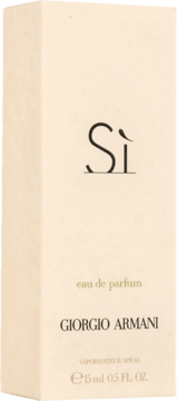 Beżowe pudełko perfum Giorgio Armani Sì eau de parfum, widok z przodu, lekko z boku.