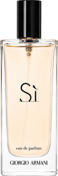 Giorgio Armani Sì Eau de Parfum w eleganckiej, prostokątnej butelce z jasnym płynem i czarną nakrętką. Widok z przodu.