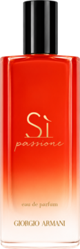 Armani Si Passione woda perfumowana, czerwony flakon z gradientem, czarna nakrętka, złote napisy, widok z przodu.