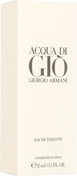 Białe pudełko perfum Acqua di Gio Giorgio Armani Eau de Toilette 15ml, widok z przodu, szare napisy.