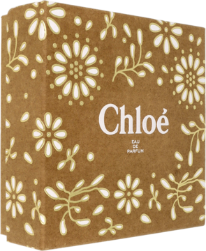 Zestaw Chloe Eau de Parfum, brązowo-złote pudełko z białymi, delikatnymi kwiatowymi wzorami, widok z przodu.