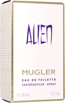 Białe pudełko perfum Mugler Alien Eau de Toilette 30ml z fioletowym napisem, widok z przodu pod kątem.