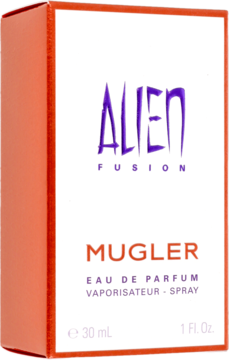 T.Mugler Alien Fusion woda perfumowana, białe pudełko z pomarańczowym brzegiem i purpurowym napisem, widok z przodu i boku.