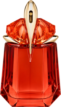 T.Mugler Alien Fusion EdP w czerwono-złotym, szklanym flakonie o unikalnym, fasetowanym kształcie, widok z przodu.