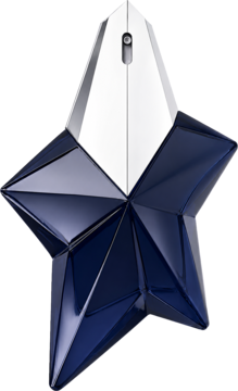 Perfumy Thierry Mugler Angel Elixir, granatowo-srebrny flakon w kształcie fasetowanej gwiazdy, widok z przodu.