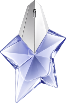 Fasetowany, gwiazdkowy flakon perfum Thierry Mugler Angel w błękitnym odcieniu, z metaliczną nakrętką, widok z przodu.