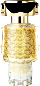 Flakon perfum Paco Rabanne Fame dla kobiet, złoty robot z przezroczystą podstawą i bursztynowym płynem.